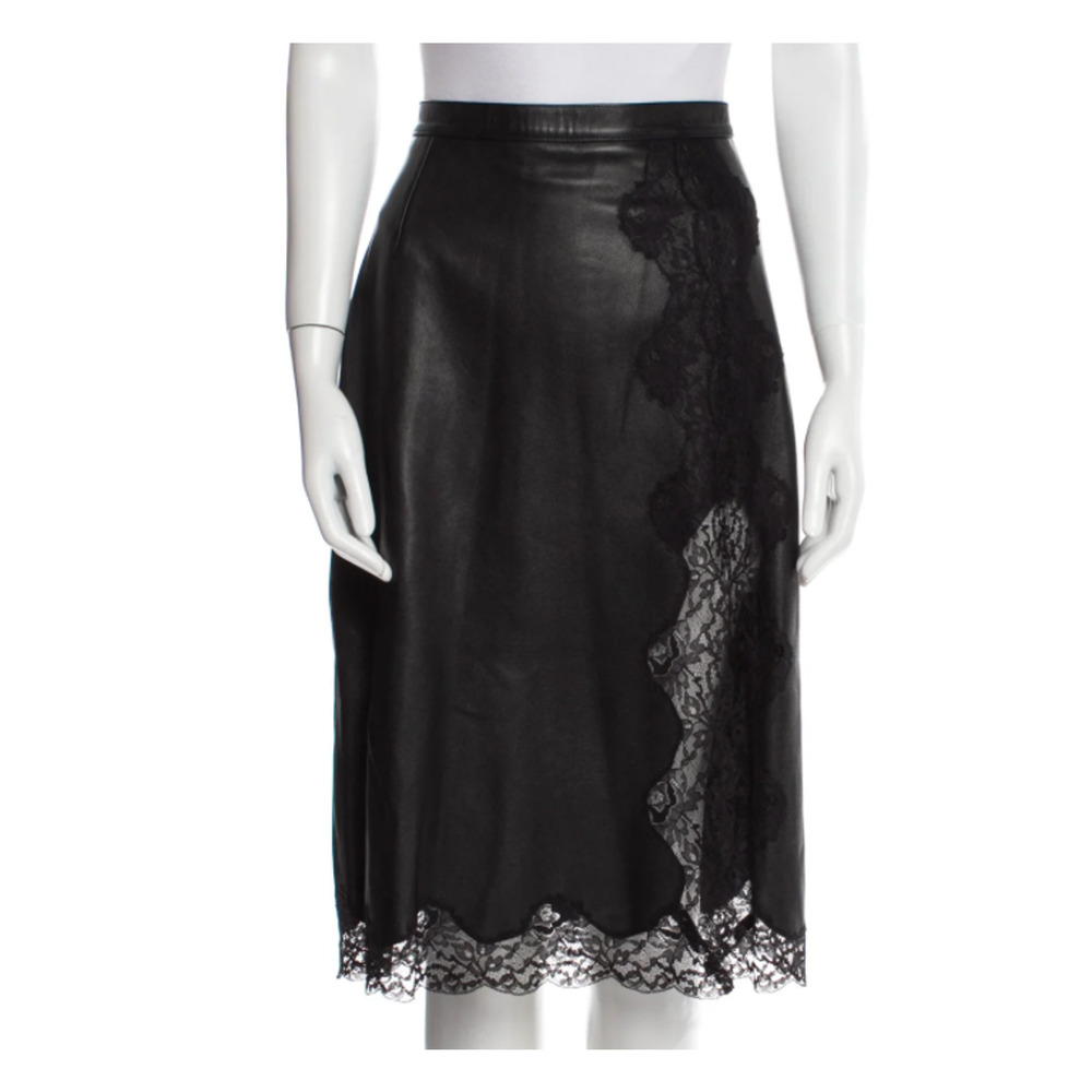 CHRISTOPHER KANE Mrs Robinson Leather Skirt Runway Lace Trim Leg Slit New 6